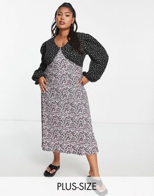 Simply Be Mixed Print Puff Sleeve Midi Dress In Black Floral In Multi