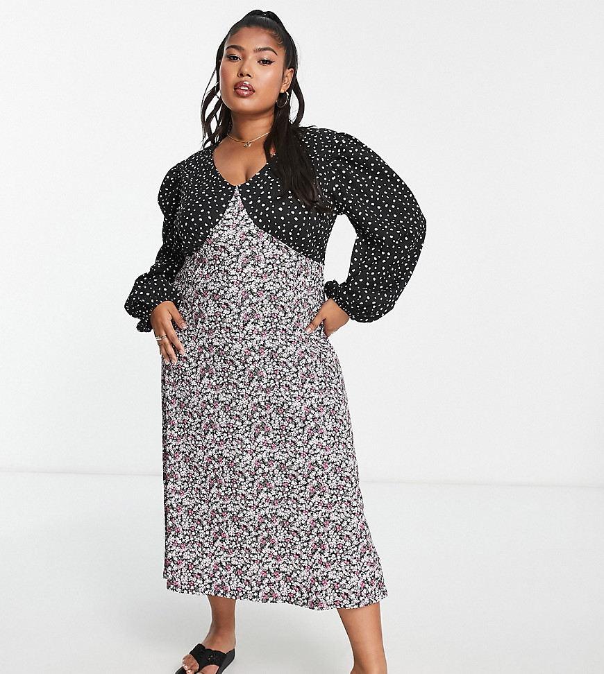 Simply Be Mixed Print Puff Sleeve Midi Dress In Black Floral