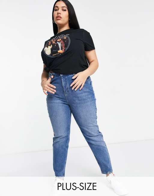 Plus Size Indigo Blue Washed Elasticated Stretch MOM Jeans