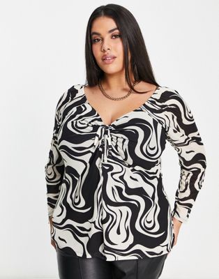 Simply Be mono swirl mesh cut out long sleeve top in black and white-Multi