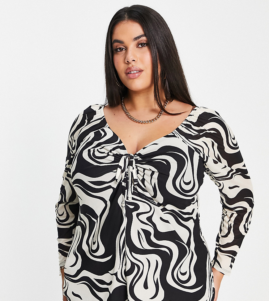 Simply Be mono swirl mesh cut out long sleeve top in black and white-Multi