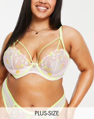Simply Be neon floral balcony bra in yellow