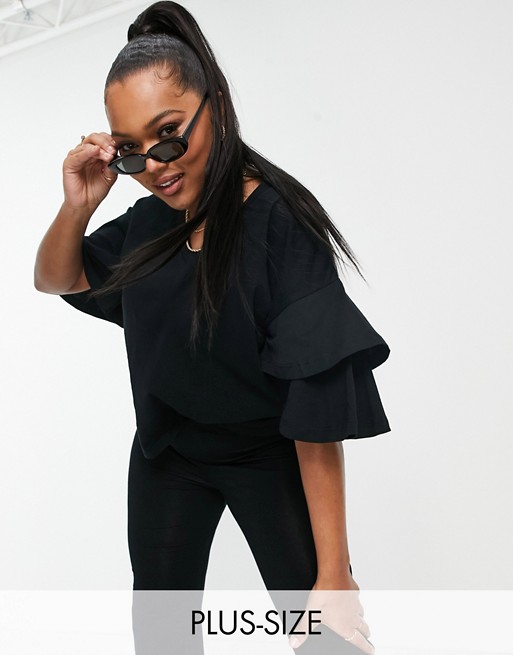 Simply Be oversized t-shirt with frill sleeves in black