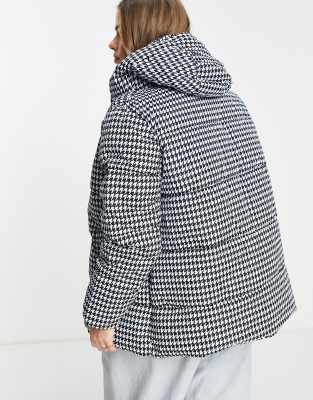 hooded houndstooth puffer jacket