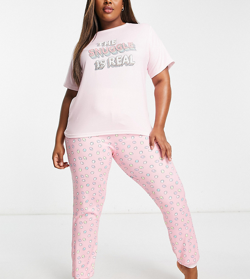 Simply Be pajama set in pink spot with the snuggle is real slogan
