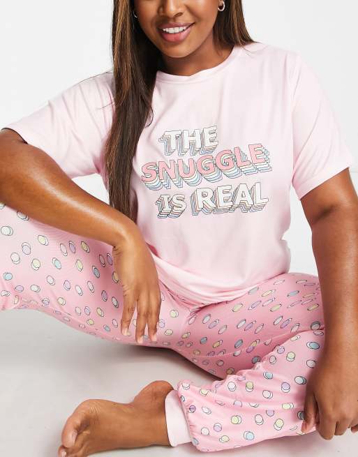 Simply Be pajama set in pink spot with the snuggle is real slogan