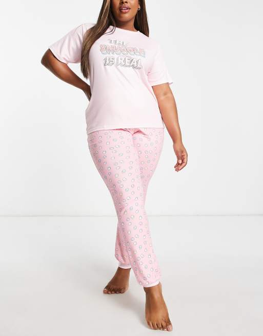 Simply Be pajama set in pink spot with the snuggle is real slogan