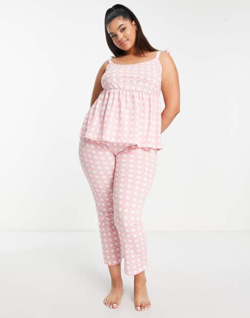 Simply Be - Pakke med 2 pyjamassæt med cami-toppe og bukser i lyserød og hvide tern, 3 af 4