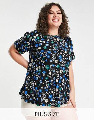 Simply Be peplum top in blue ditsy floral