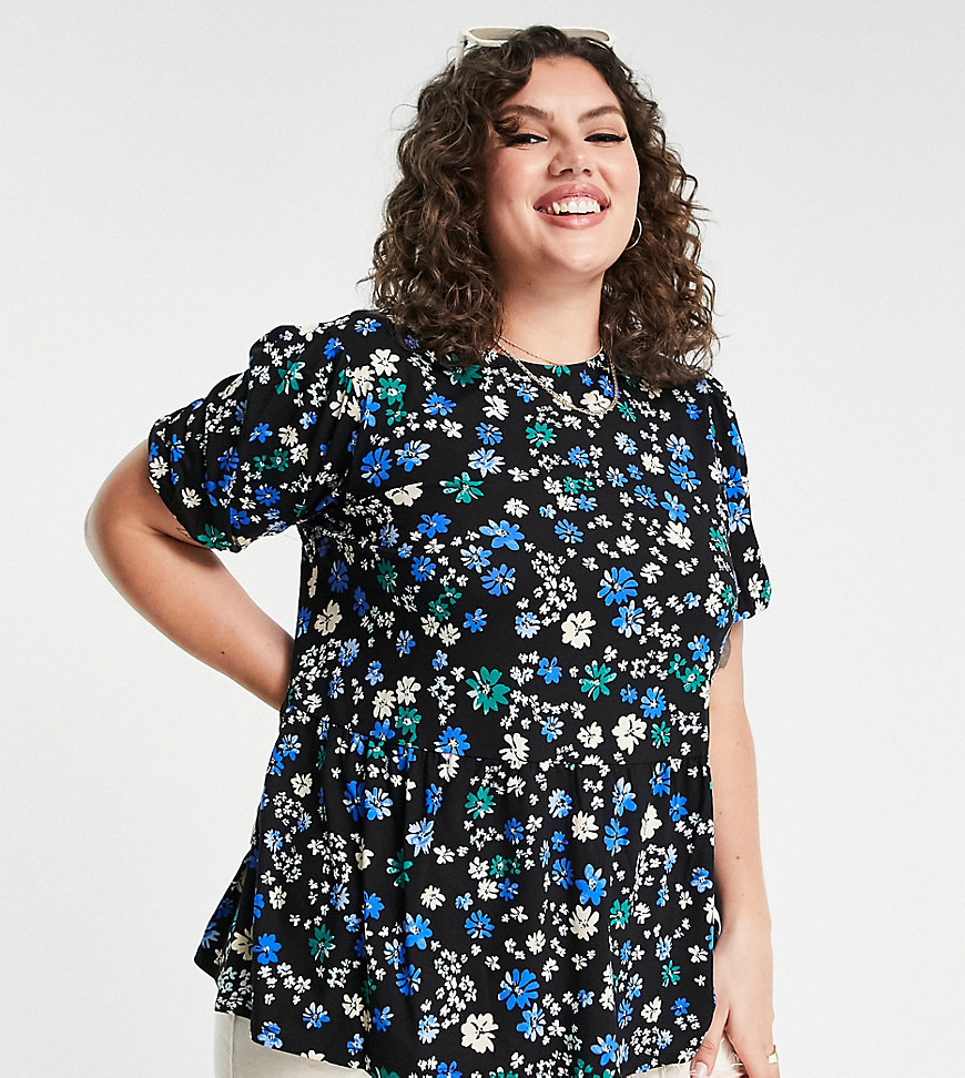 Simply Be peplum top in blue ditsy floral