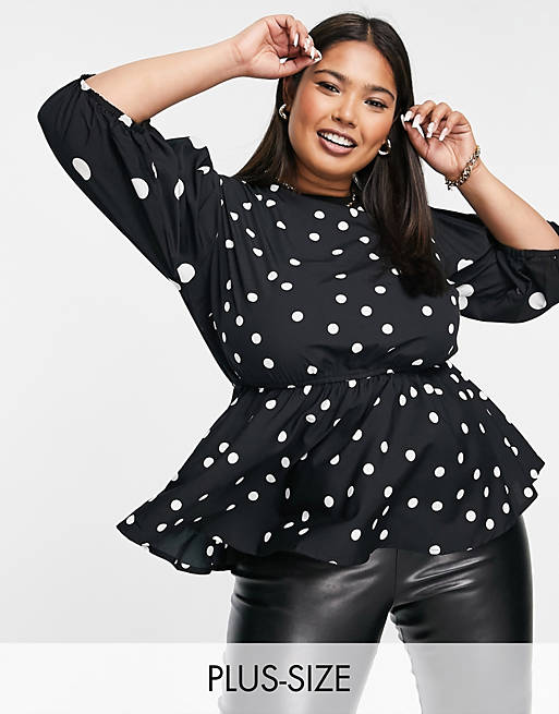 Simply Be peplum top with puff sleeves in black and white polka dot