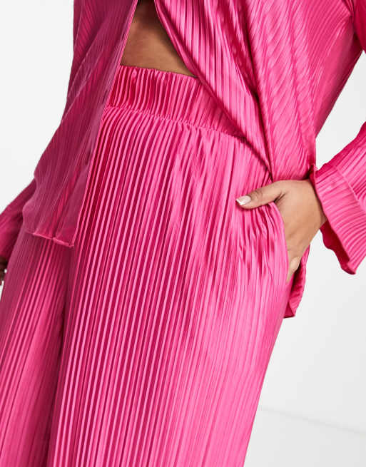 Simply Be plisse wide leg pants in pink (part of a set), 3 of 4