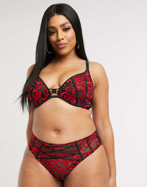 Plus Size Red Lace Padded Underwired Plunge Bra