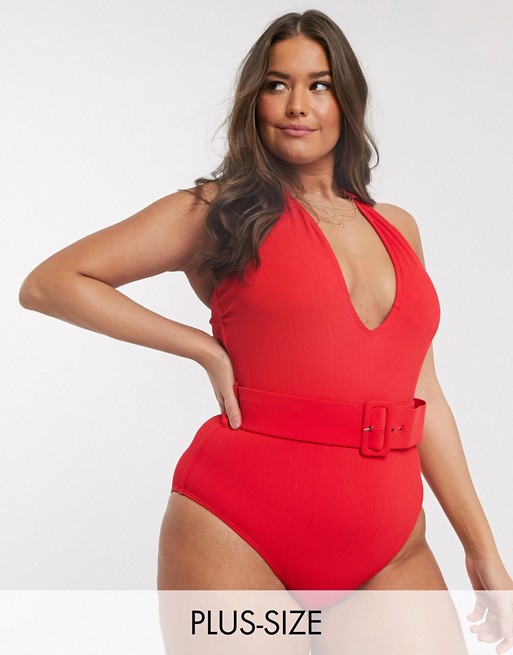 Simply Be plunge swimsuit with self belt in red