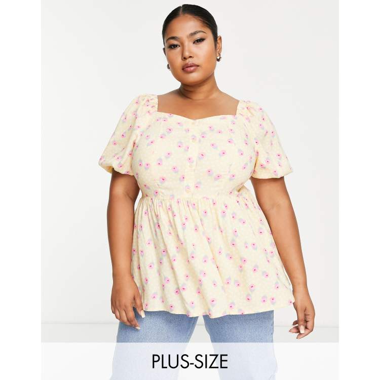 Simply Be puff sleeve button through blouse in yellow and pink