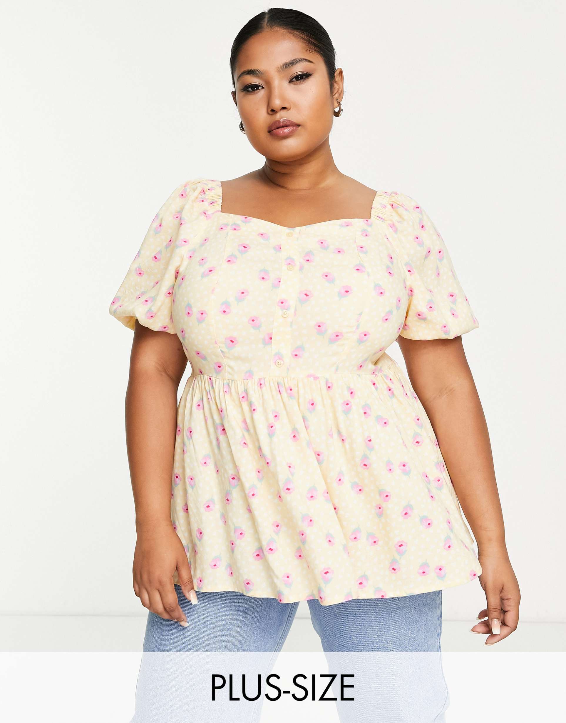 simply be puff sleeve button through blouse in yellow and pink floral