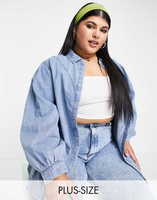 Simply Be puff sleeve denim shirt in blue