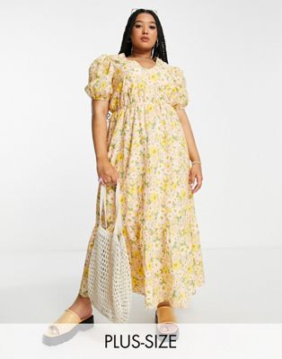Simply Be puff sleeve midi dress in yellow floral