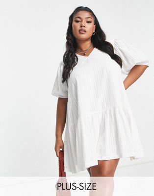 Simply Be puff sleeve mini dress with tie back in white