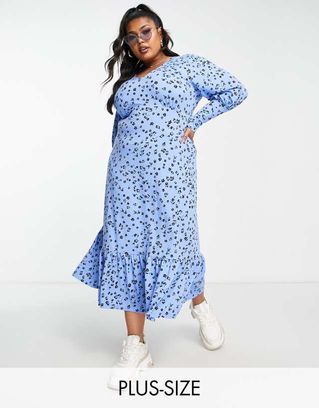 Simply Be - puff sleeve peplum hem midi dress in blue floral