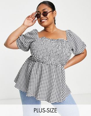 Simply Be Puff Sleeve Top In Gingham-multi