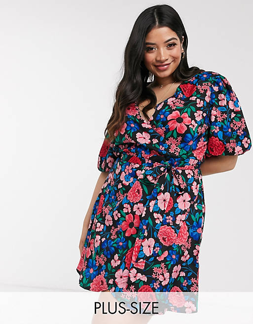 Simply Be puff sleeve wrap skater dress in floral print