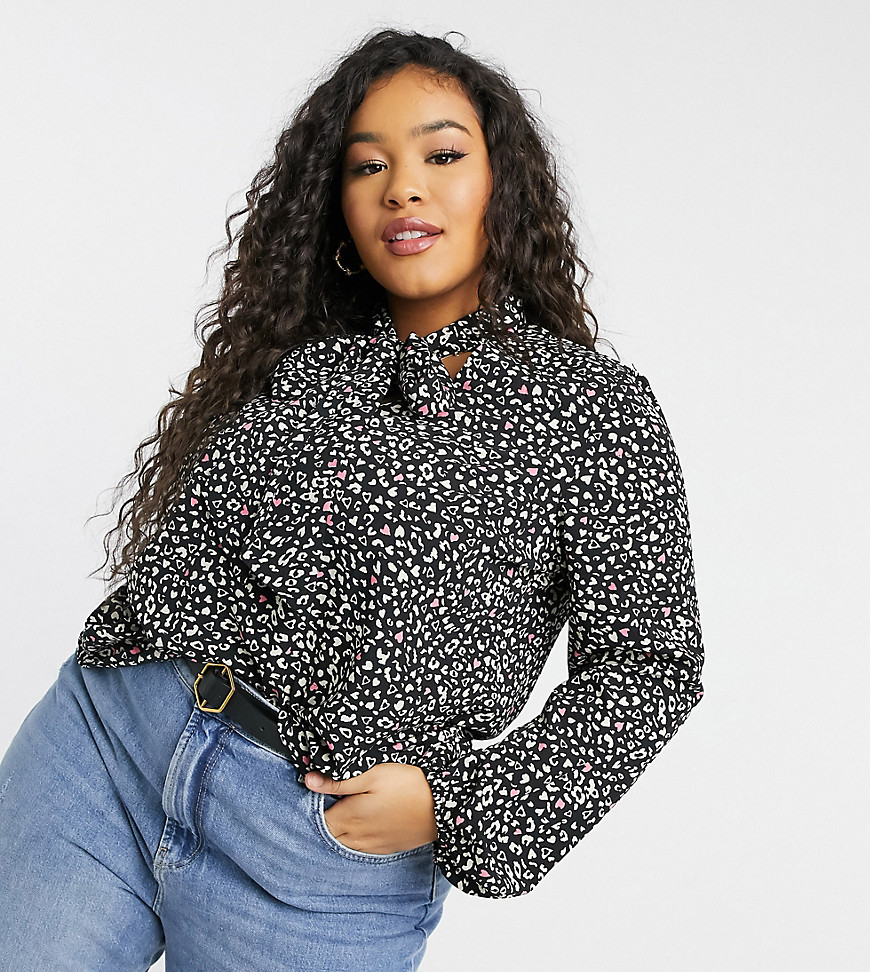 Simply Be pussybow blouse in black floral print-Multi