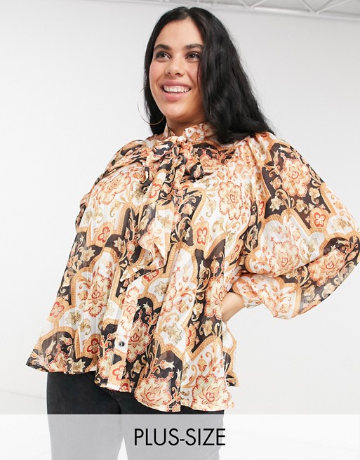 Simply Be pussybow blouse with pleat detail in multi