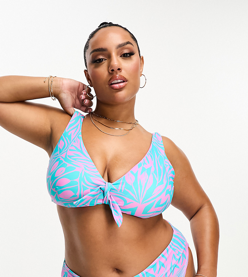 Simply Be reversible knot front bikini top in blue and pink print-Multi
