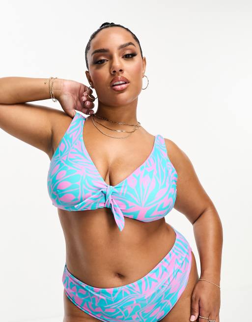 Simply Be reversible knot front bikini top in blue and pink print