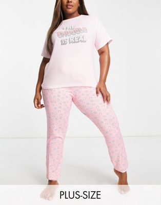 Simply Be pyjama set in pink spot with the snuggle is real slogan