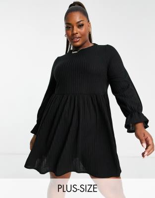 Simply Be ribbed smock mini dress in black