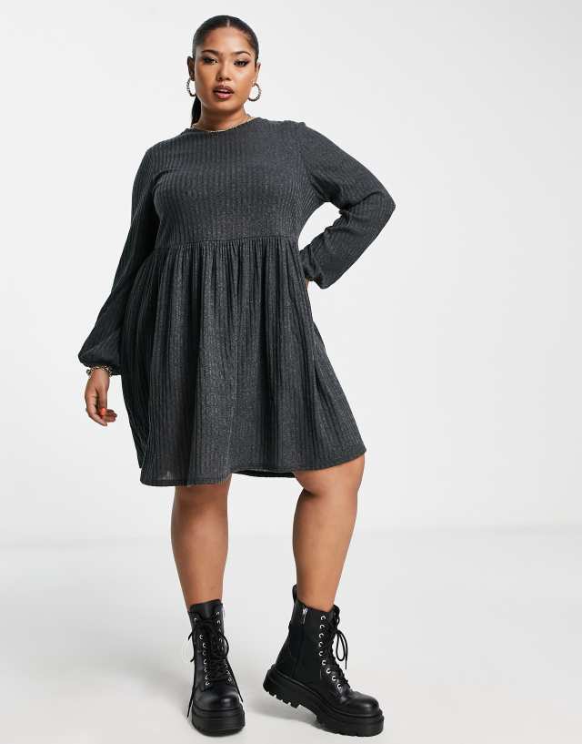 Simply Be ribbed smock mini dress in gray