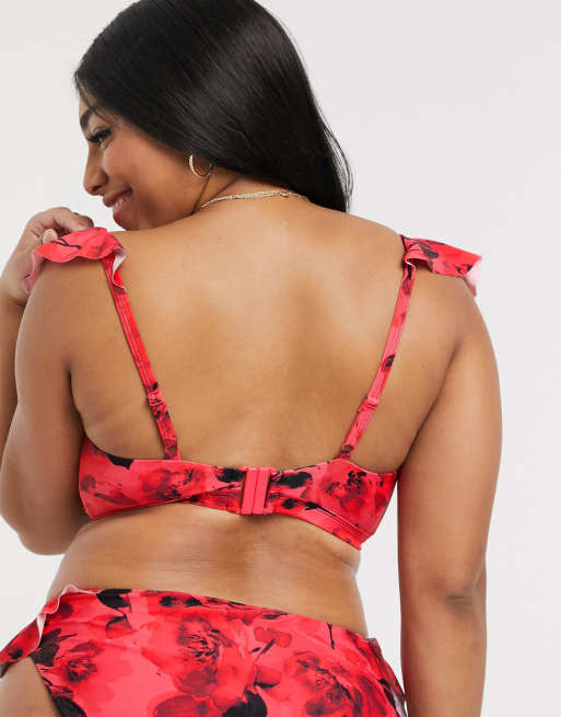 Simply Be – Röd blommig bikiniöverdel med djup urringning och volanger, 2 av 4
