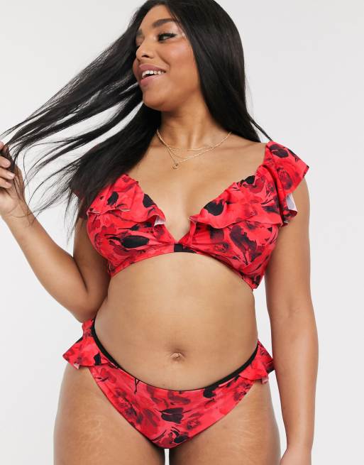 Simply Be – Rot geblümtes Bikinioberteil mit tiefem Ausschnitt und Rüschenbesatz, 4 von 4