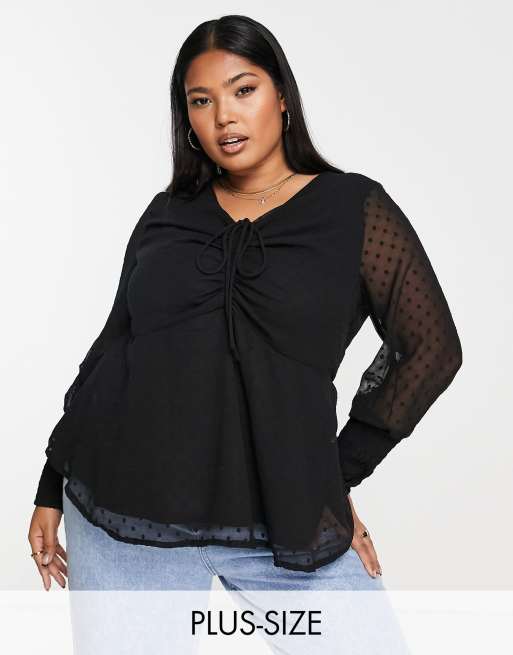 Simply Be ruched front long sleeve blouse in black | ASOS