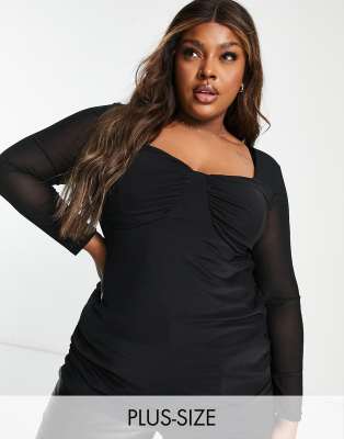 Simply Be ruched overlay long sleeve top in black