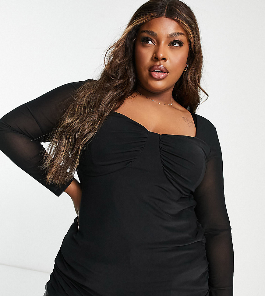 Simply Be ruched overlay long sleeve top in black