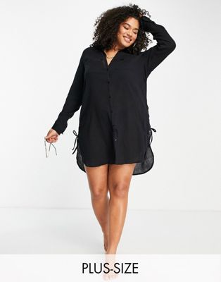 Simply Be ruched side beach shirt dress in black