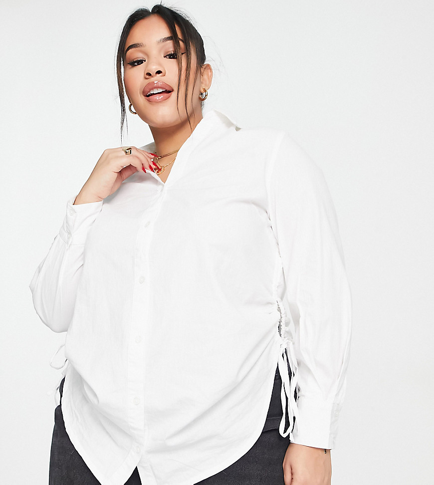 Simply Be ruched side button through shirt in white