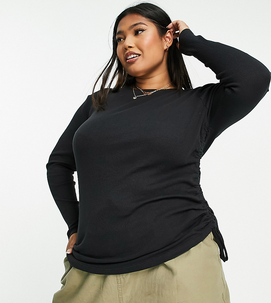 Simply Be ruched side long sleeve top in black