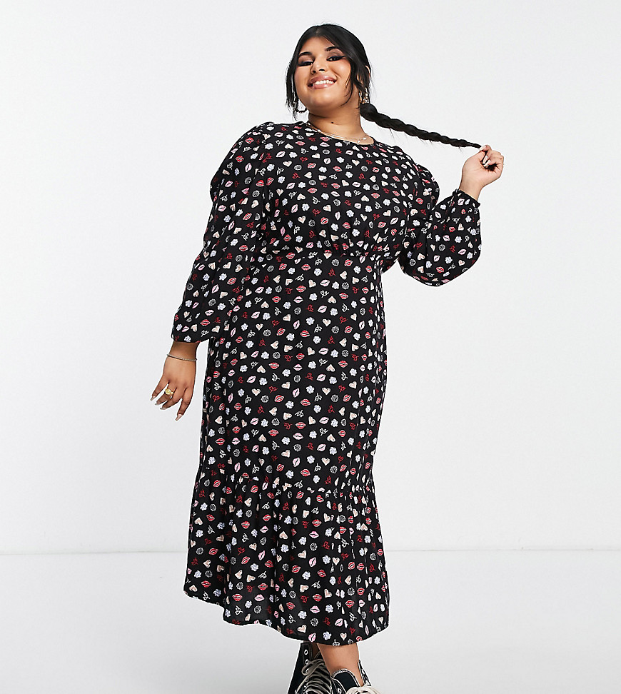 Simply be ruched sleeve tiered midi dress in black floral