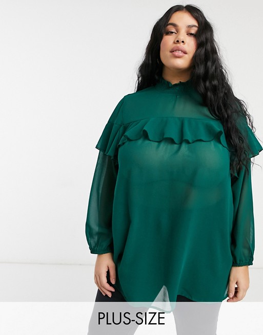 Simply Be ruffle front blouse in green