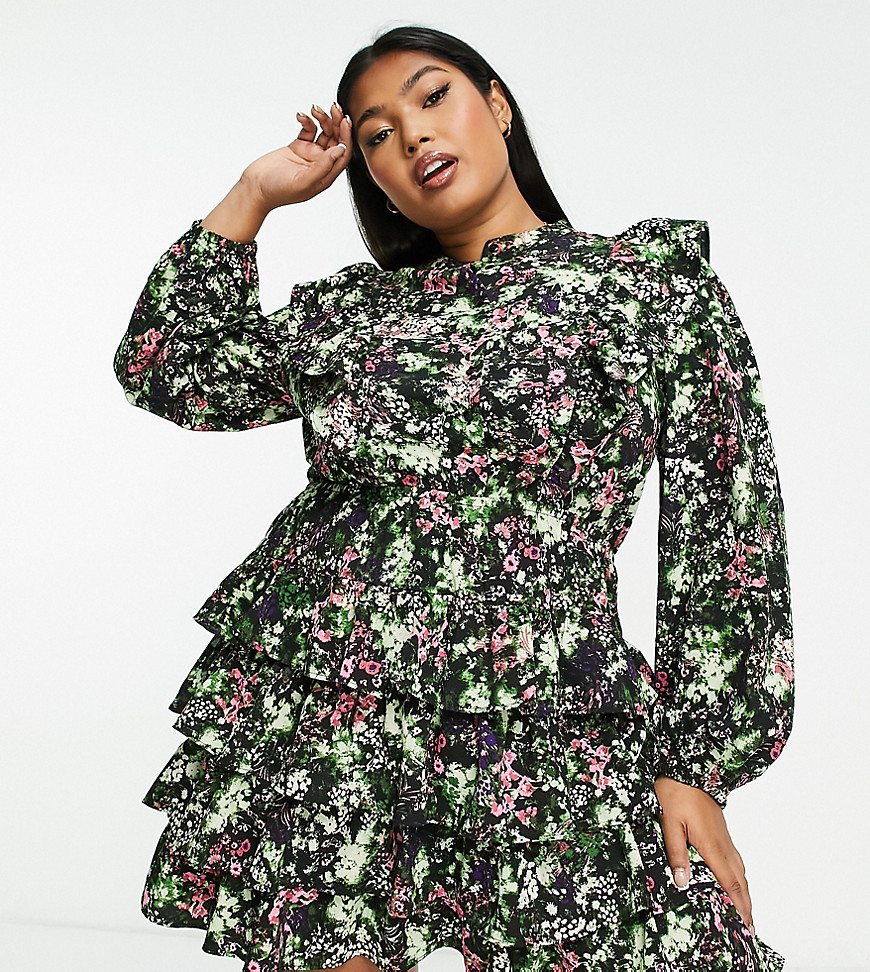 Simply Be ruffle front skater dress in black floral print-Multi