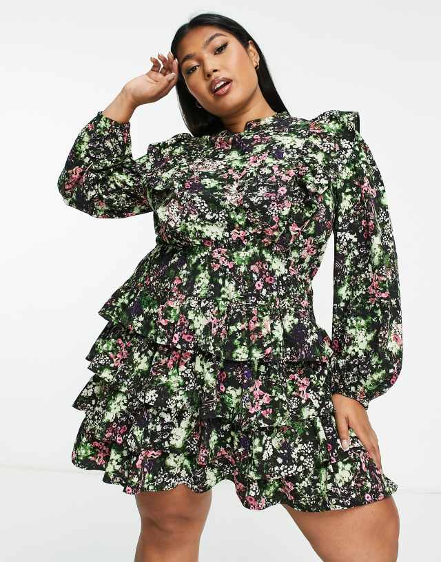 Simply Be ruffle front skater dress in black floral print