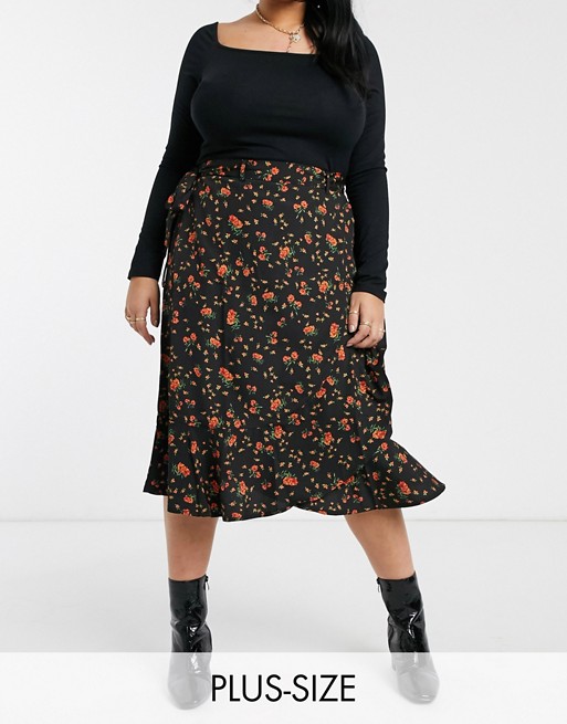 Simply Be ruffle hem midi skirt in floral print | ASOS