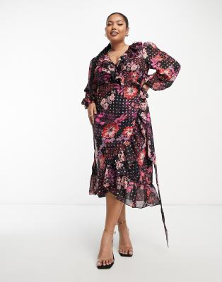 Simply Be Simply Be ruffle wrap midi dress in black floral
