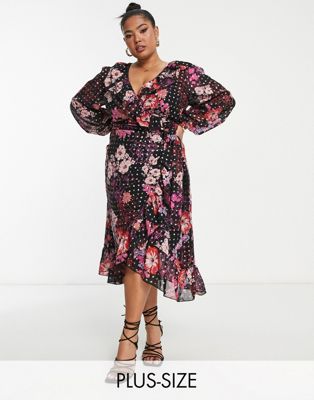 Simply Be ruffle wrap midi dress in black floral