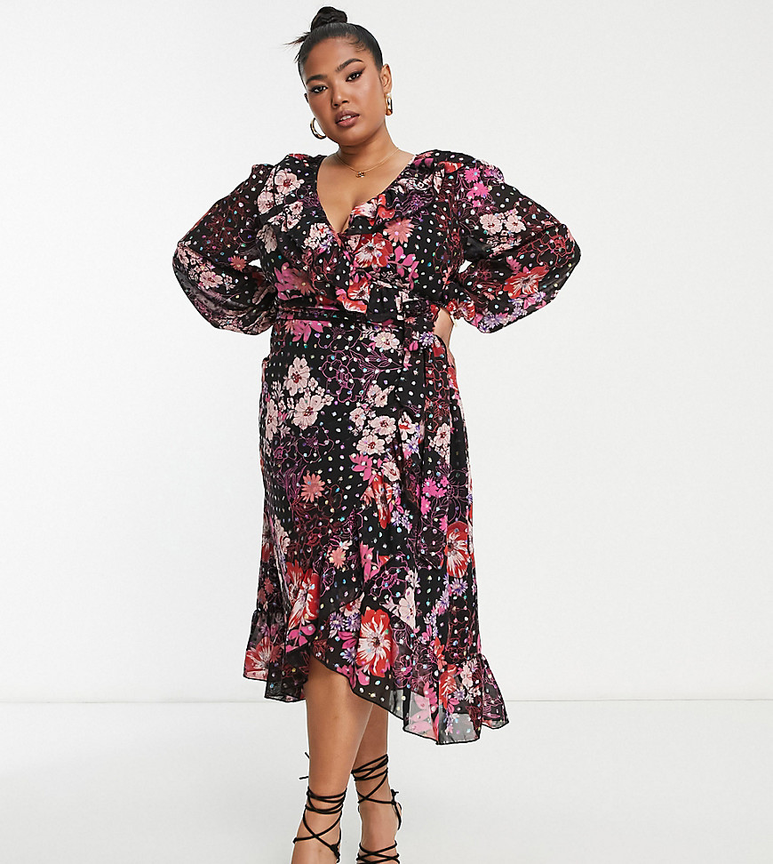 Simply Be Ruffle Wrap Midi Dress In Black Floral
