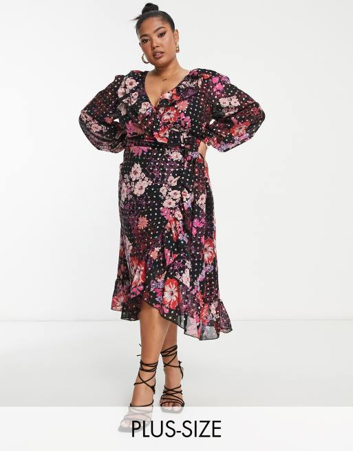 Black floral wrap midi dress sale